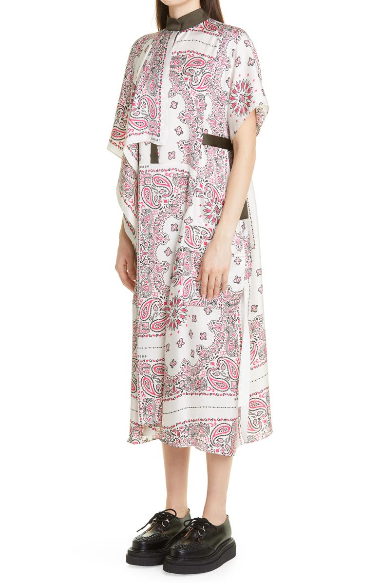 Sacai Bandana Print Asymmetric Draped Satin Midi Dress, Alternate, color, 