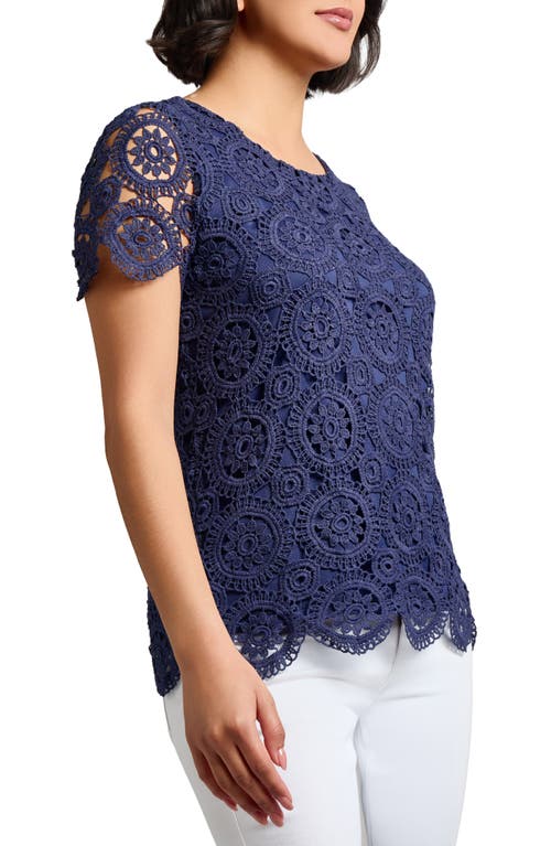 Jones New York Medallion Lace Short Sleeve Top In Pacific Navy