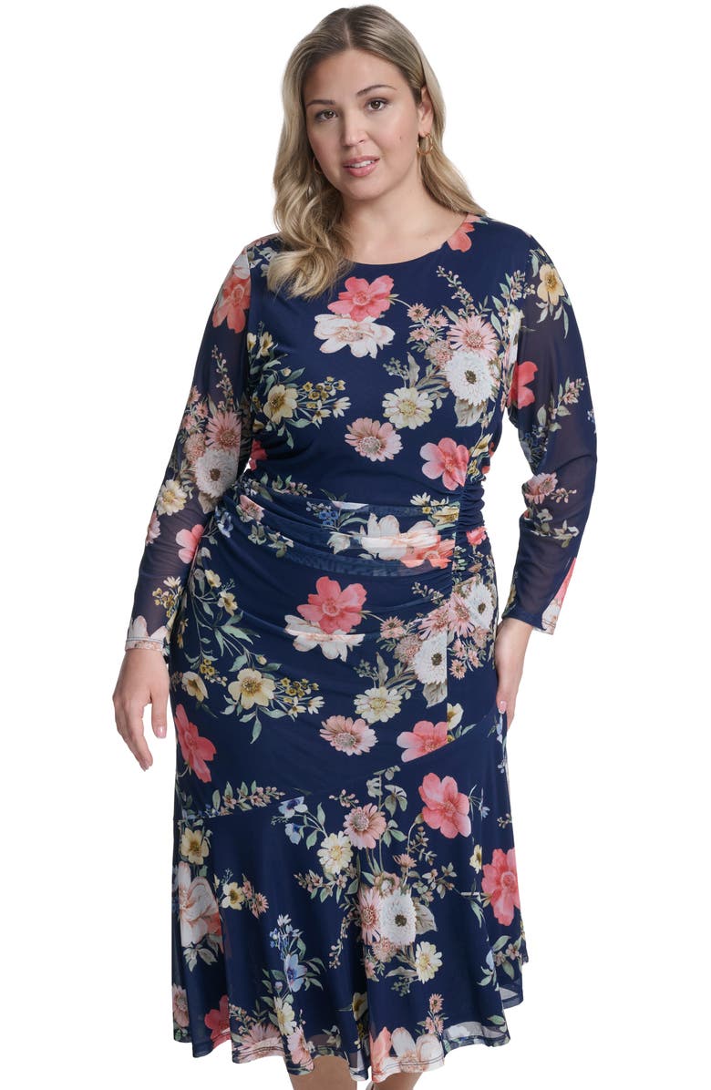 Vince Camuto Long Sleeve Mesh Body-Con Midi Dress, Alternate, color, Navy Multi