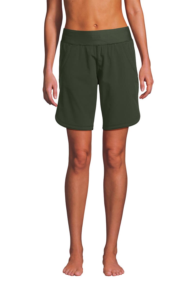9" Quick Dry Elastic Waist Modest Board Shorts Swim Cover-up Shorts with Panty, Alternate, color, Rich Olive Green
