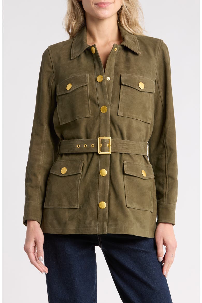 Ishani Belted Leather Jacket, Main, color, OLIVE