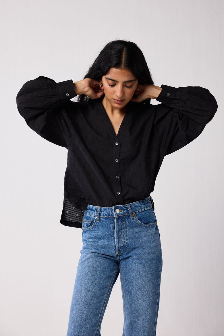 Embroidered Shirt with Long Balloon Sleeves, Alternate, color, Black