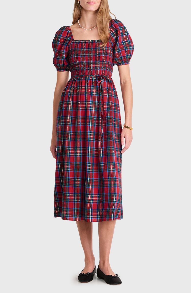 vineyard vines Ellen Plaid Puff Sleeve Midi Dress, Main, color, Yuletide Tartan Red