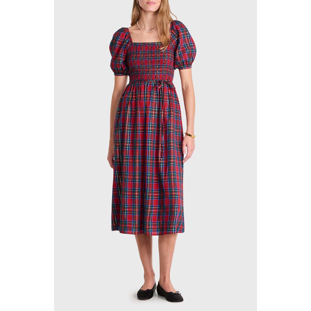 Vineyard Vines Ellen Plaid Puff Sleeve Midi Dress In Multi