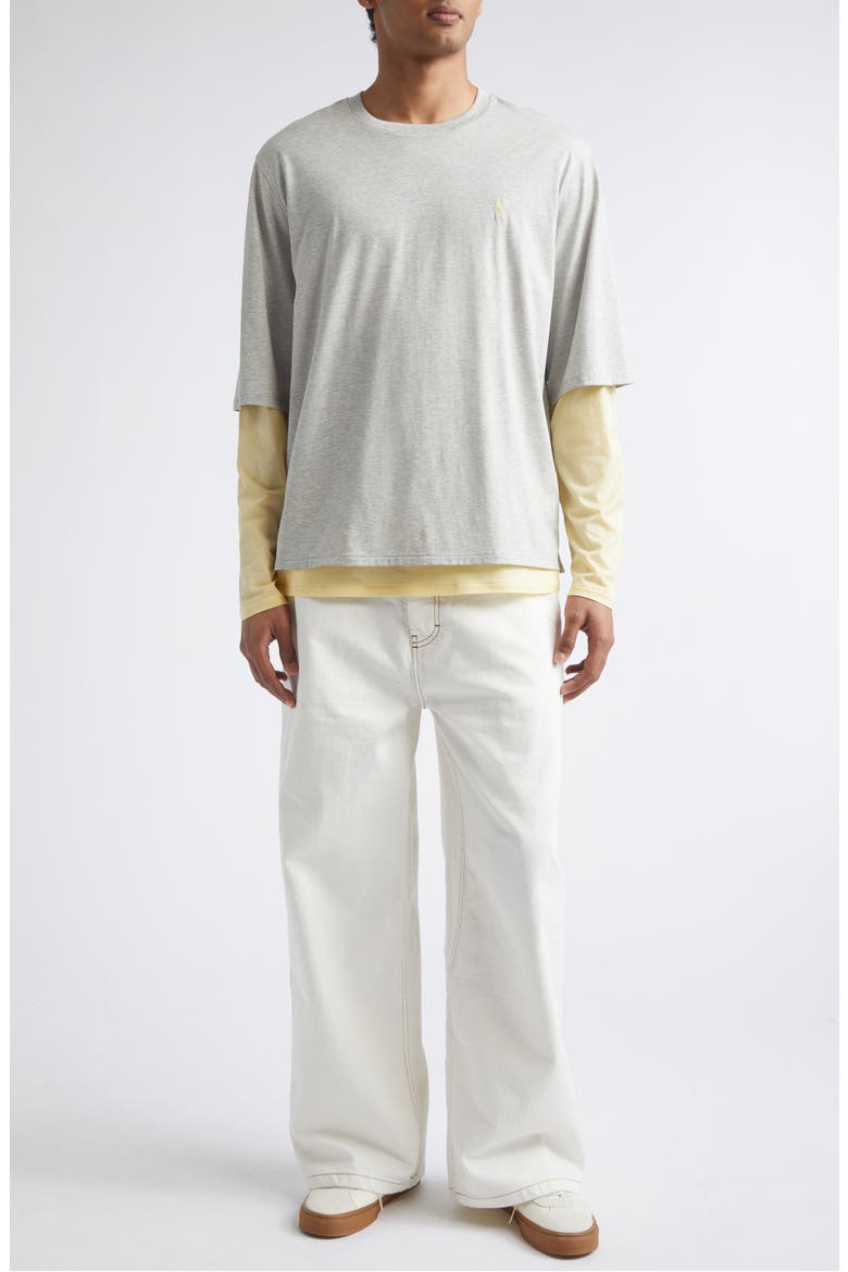 Ami de Coeur Embroidered Layered Long Sleeve Cotton T-Shirt, Alternate, color, GRIS CHINE CLAIR/ JAUNE