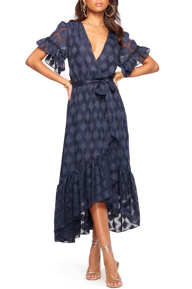 Asya Wrap Front Jacquard Dress, Main, color, NAVY MEDALLION