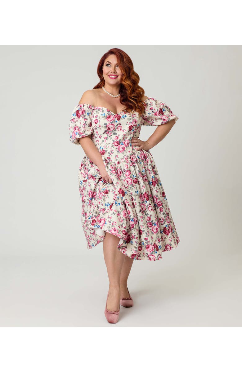 Smak Parlour Plus Size Puff Sleeve Swing Dress, Alternate, color, White W/ Floral Print