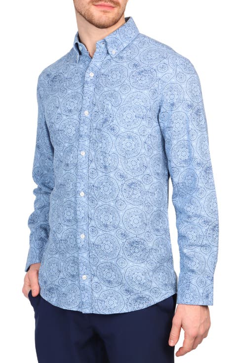Batik Print Linen Blend Button-Down Shirt