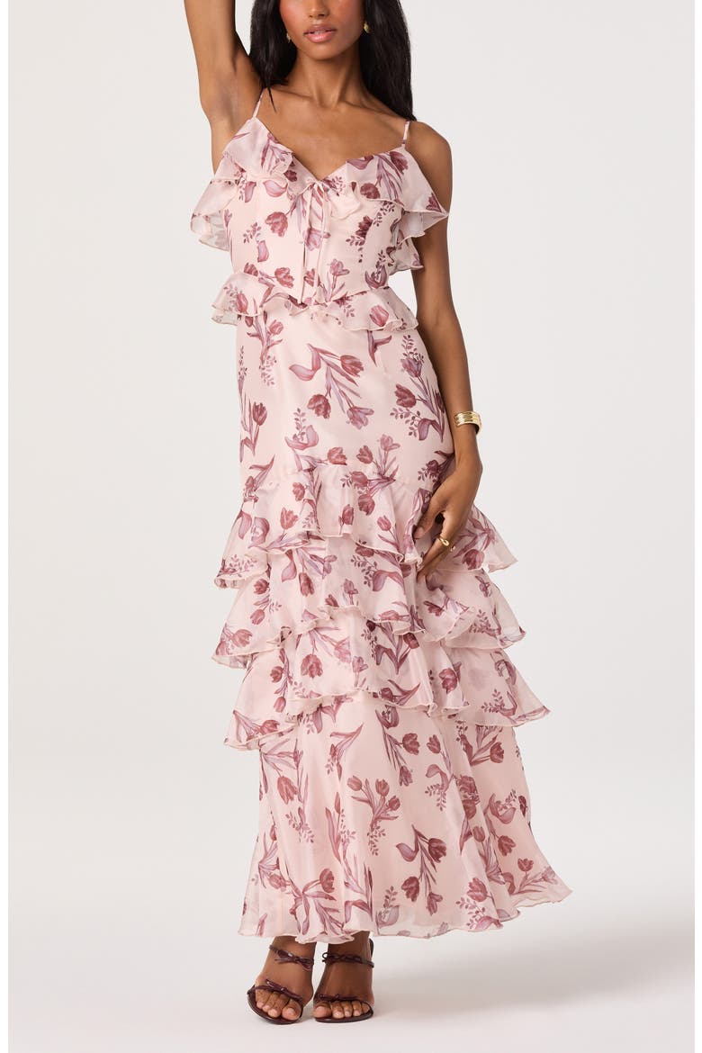 Emiliana Floral Tiered Ruffle Cold Shoulder Maxi Dress, Alternate, color, SOFT PINK FLORAL
