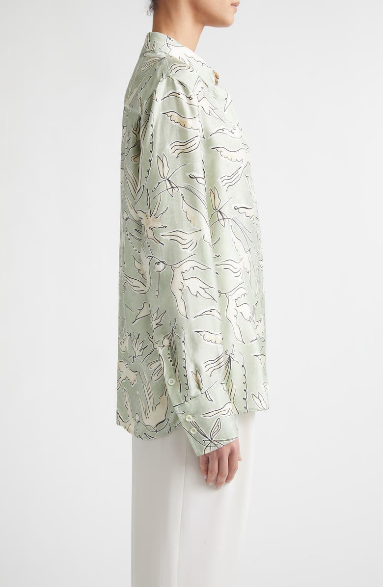 Altuzarra Chika Bird Print Silk Button-Up Shirt, Alternate, color, 378398 Desert Sage Bird
