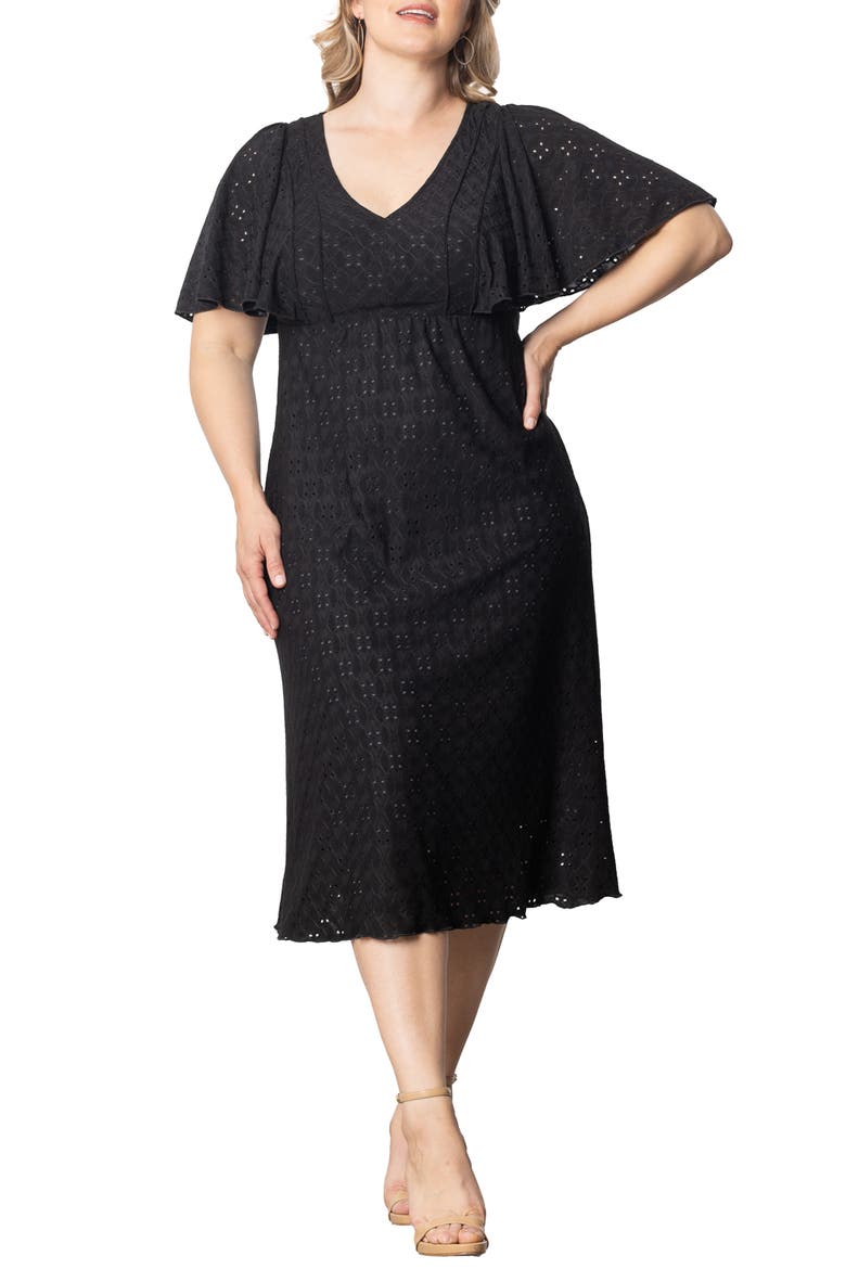 Lucy Short Sleeve Eyelet Midi Dress, Main, color, BLACK NOIR