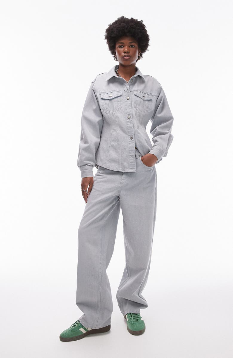 Topshop Cinch Waist Denim Button-Up Shirt, Alternate, color,