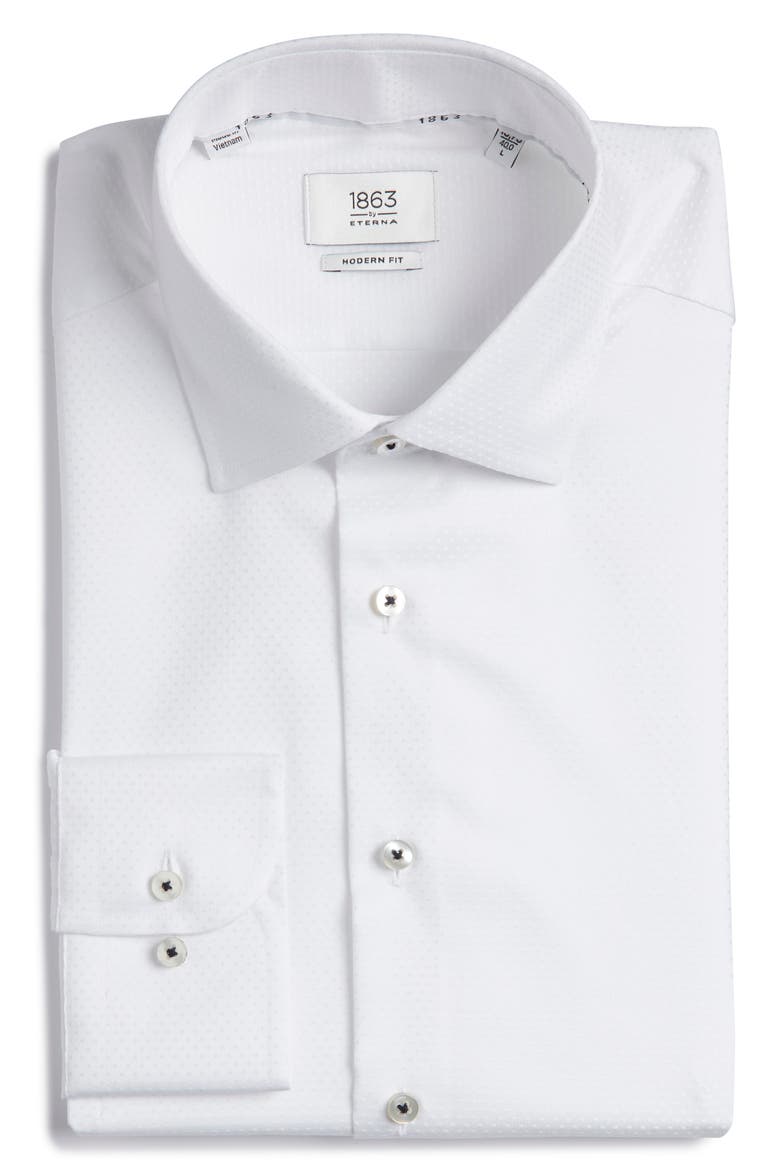 Modern Fit Dot Pattern Non-Iron Cotton Dobby Dress Shirt, Alternate, color, WHITE