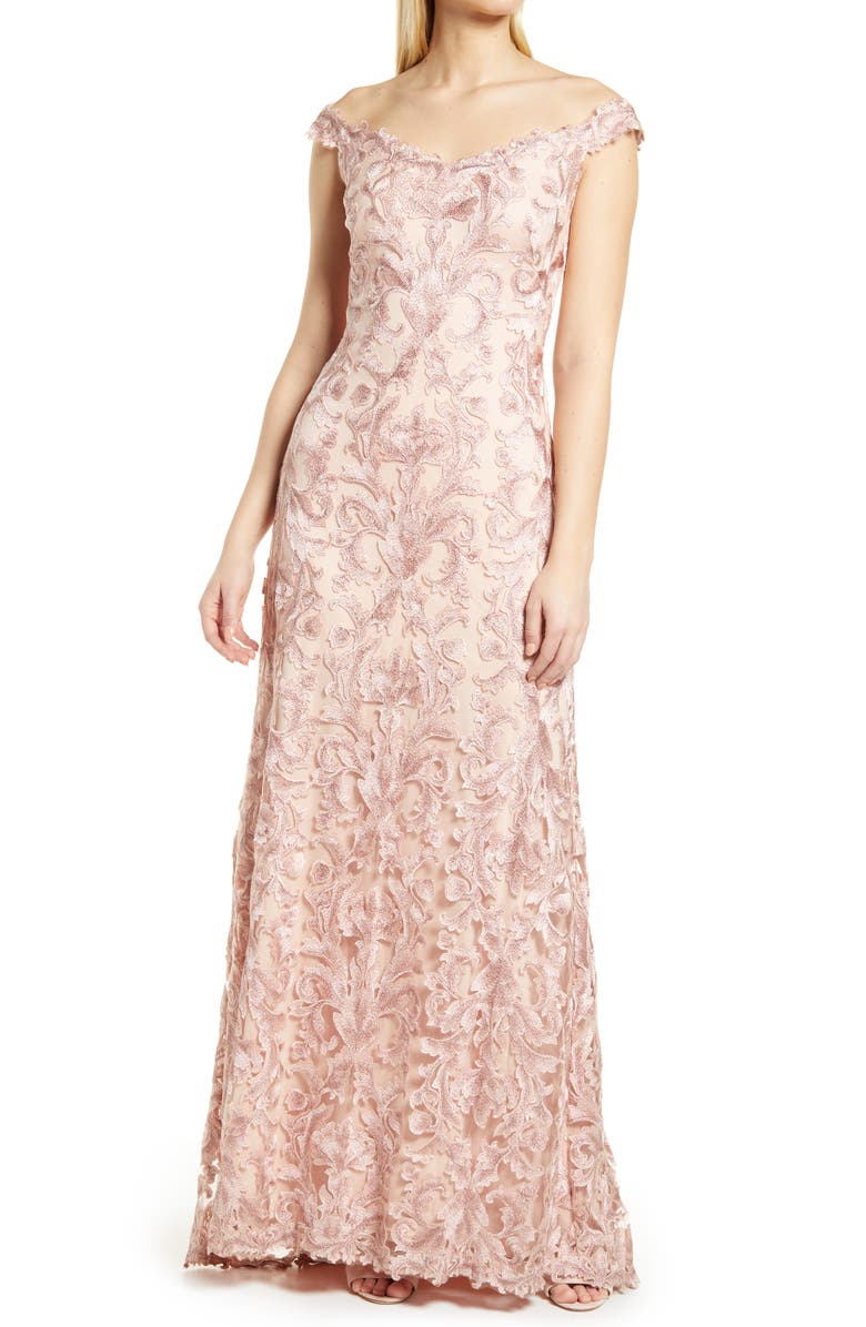 Tadashi Shoji Off the Shoulder Cap Sleeve Embroidered Lace Gown, Main, color,