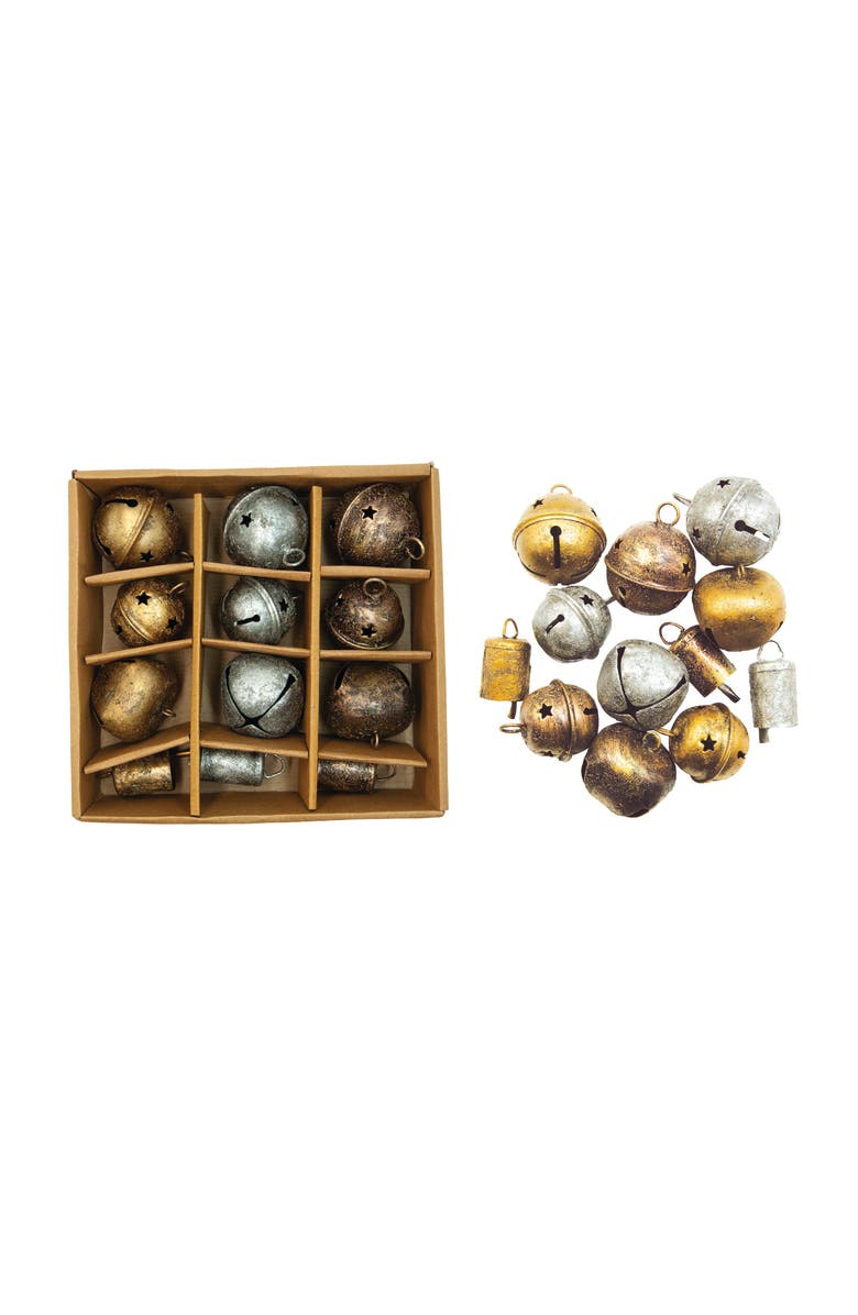 Storied Home 12-Piece Antique Metal Bell Ornament Set, Gold, Silver and Copper Finish, Main, color, Gold