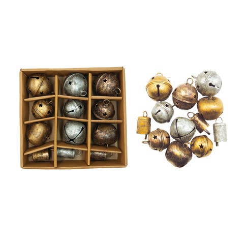 12-Piece Antique Metal Bell Ornament Set, Gold, Silver and Copper Finish