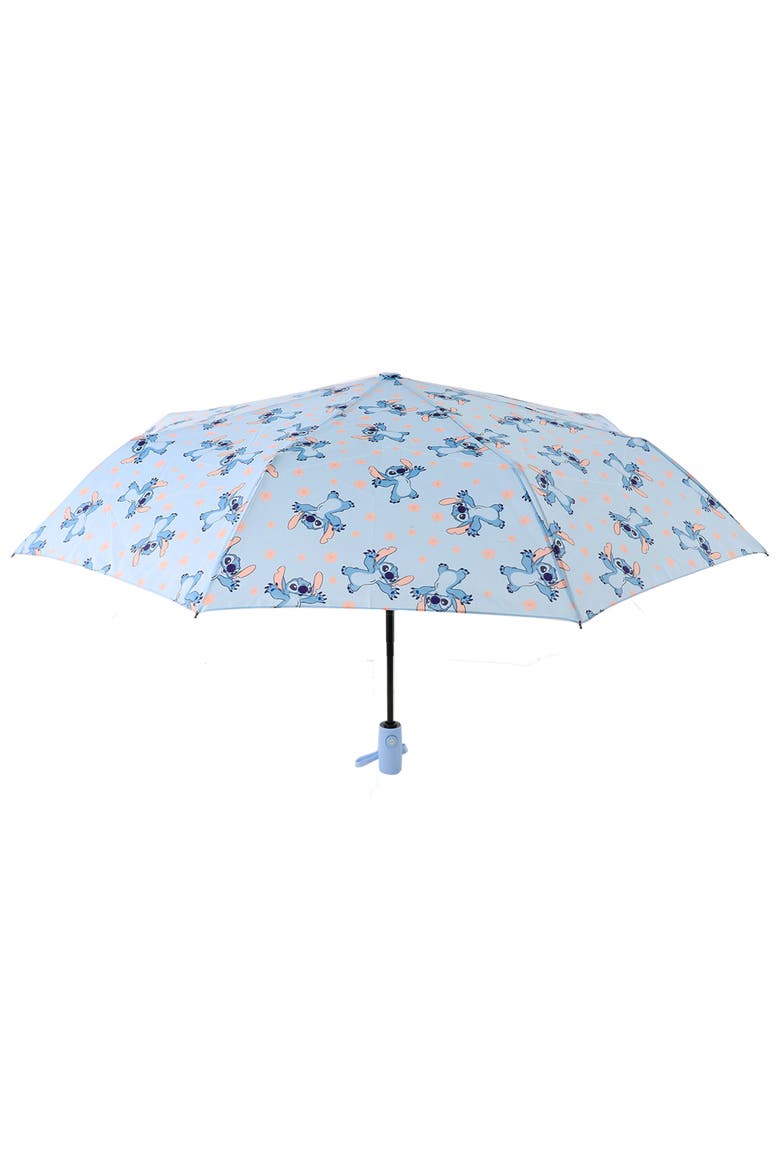 Stitch Hands Up Floral Print Compact Umbrella Officially Licensed, Main, color, BLUE