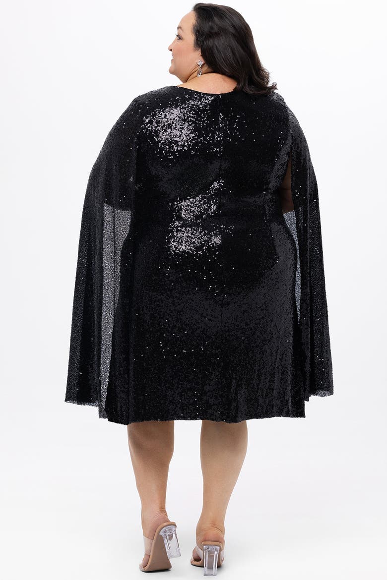 Sequin V-Neck Cape Sleeve Plus Size Party Dress, Alternate, color, Onyx