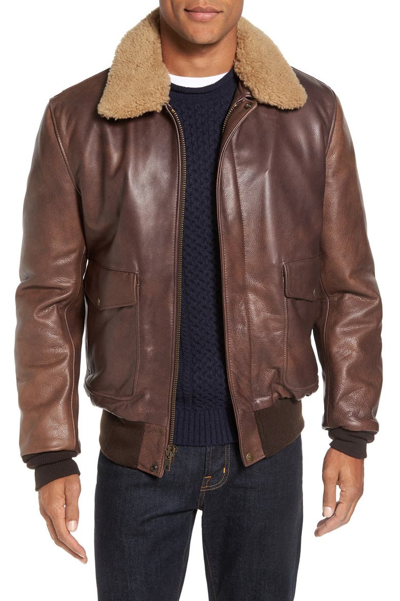 Cowhide Bomber Jacket with Genuine Shearling Collar, Main, color, BROWN