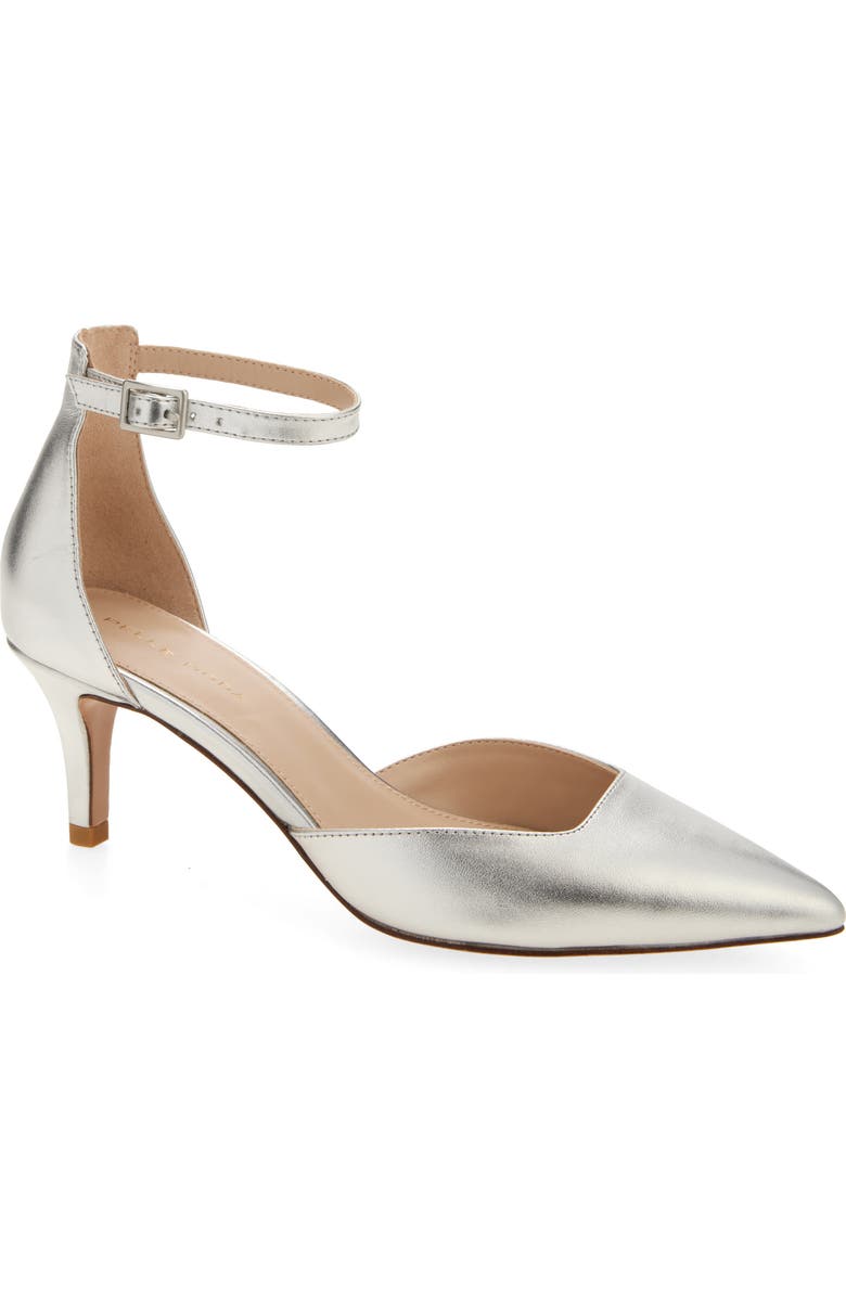 Pelle Moda Kendal Ankle Strap Pointed Toe Kitten Heel Pump, Main, color, Silver