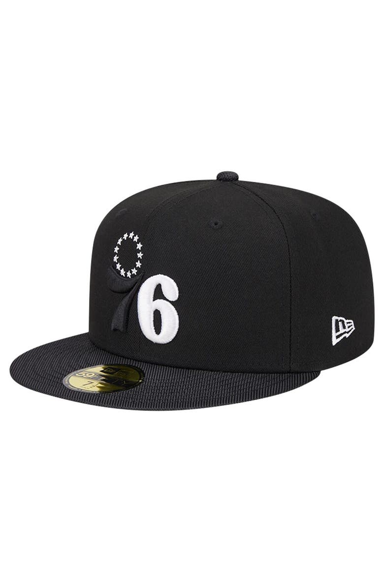 New Era Men's New Era Black Philadelphia 76ers Active Satin Visor 59FIFTY Fitted Hat, Alternate, color, 
