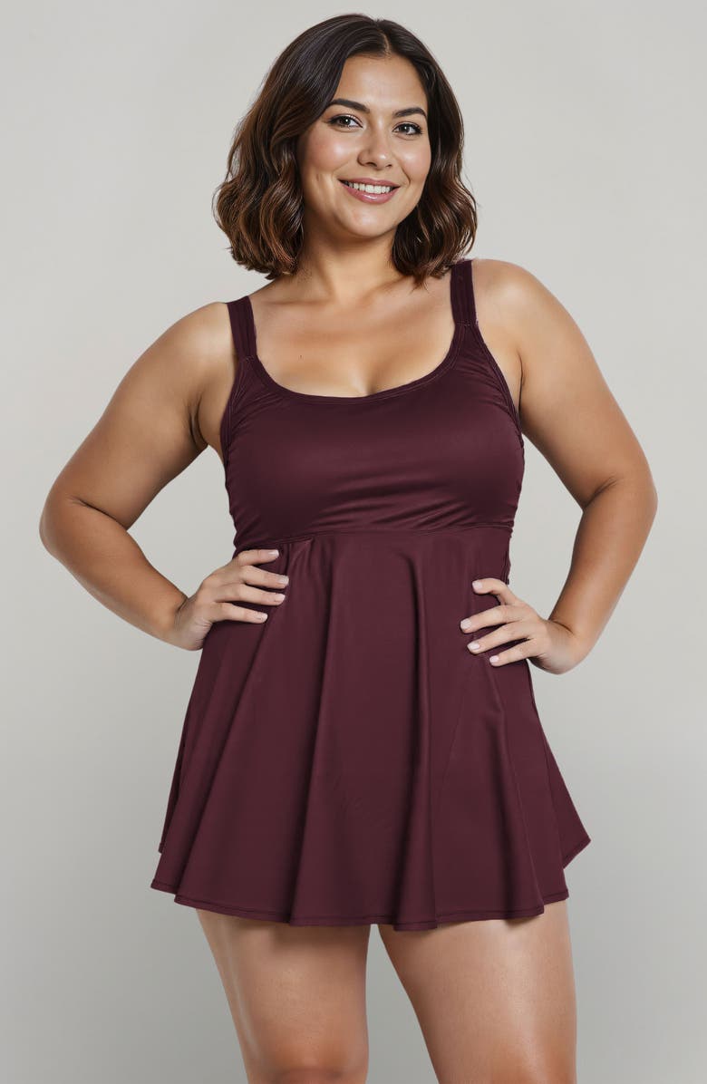 Calypsa Plus Size Amber Flared Tankini Swim Top With Adjustable Straps and Removable Cups, Main, color, Wine