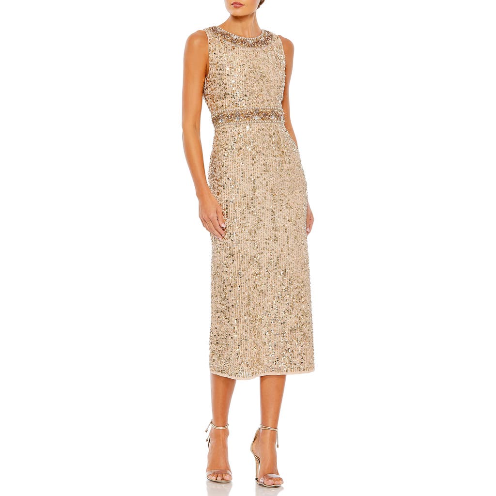 Mac Duggal Sleeveless Sequin Highneck Column Midi Dress In Gold In Gold