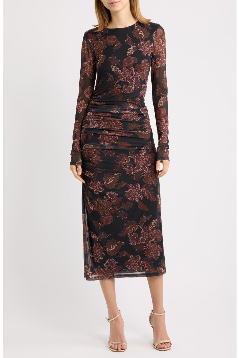 Whispers of Bohemia Floral Long Sleeve Mesh Midi Dress, Main, color, BLACK-PLUM-FLORAL