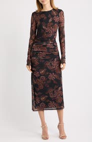 Lost + Wander Whispers of Bohemia Floral Long Sleeve Mesh Midi Dress
