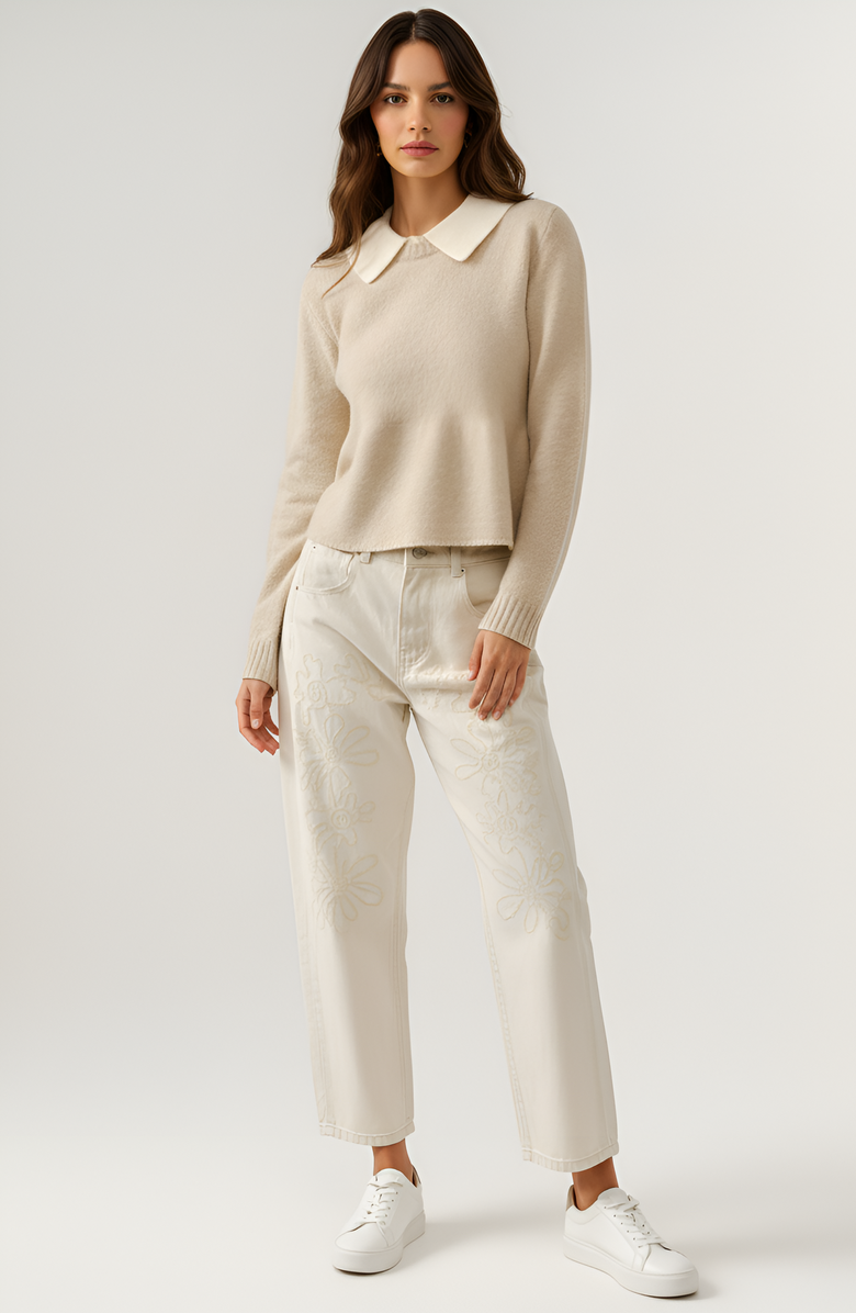 Modenaire Knit Cardigan with Contrast Collar, Alternate, color, Beige / Ivory