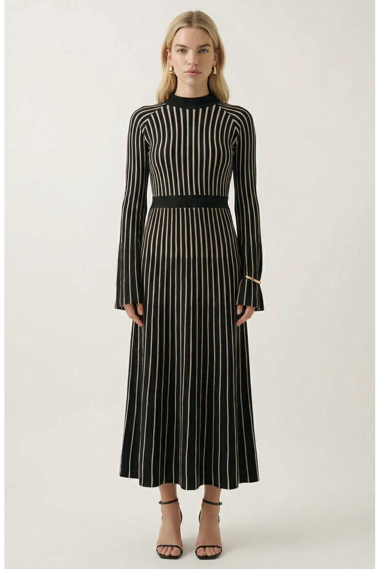 Striped Rib-Knit Long Sleeve Maxi Dress with Mock Neck, Main, color, Black / White Stripe