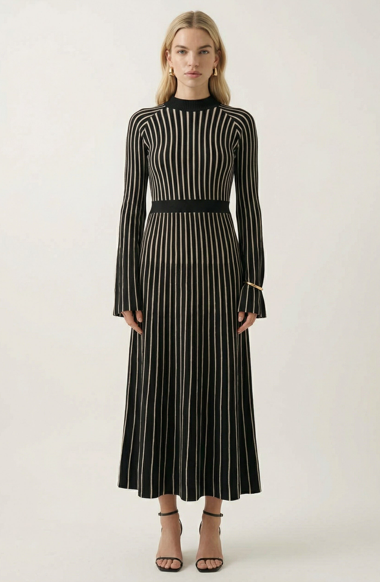 Modenaire Striped Rib-Knit Long Sleeve Maxi Dress with Mock Neck, Main, color, Black / White Stripe