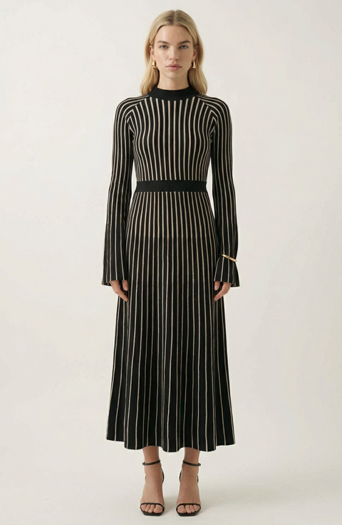 Striped Rib-Knit Long Sleeve Maxi Dress with Mock Neck