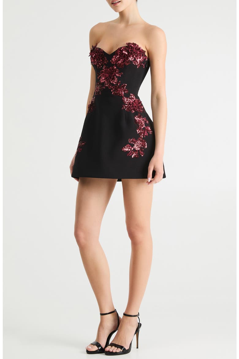 Simone Floral Appliqué Strapless Cocktail Dress, Alternate, color, BLACK/ MERLOT