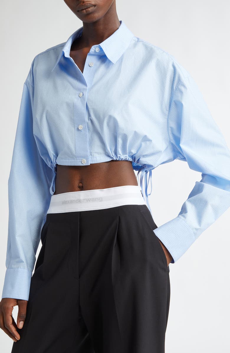 Alexander Wang Crystal Embellished Drawstring Waist Crop Shirt, Alternate, color, 
