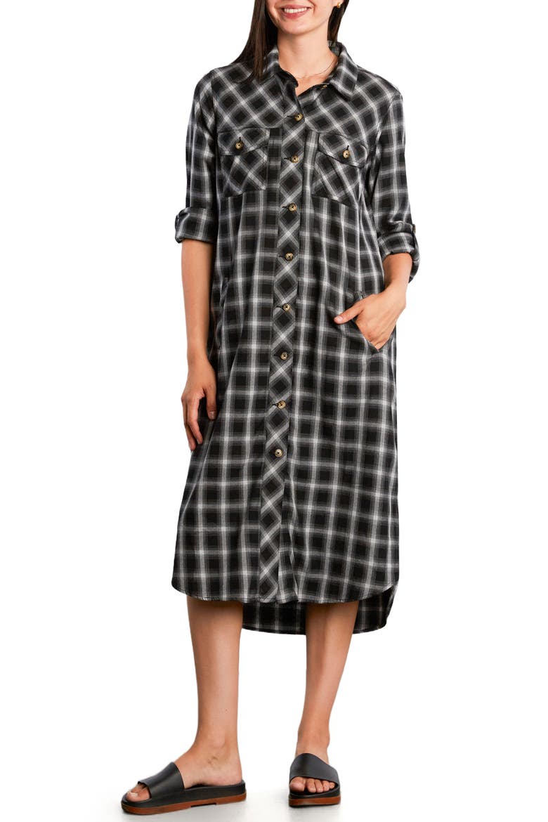All Good Star Print Long Sleeve Denim Shirtdress, Main, color, SMOKE PLAID