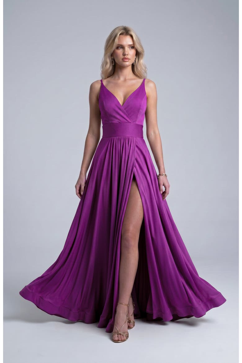 Cross Front Neck Empire Waist Satin Gown, Main, color, Plum