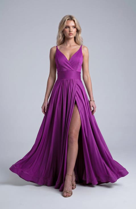 Cross Front Neck Empire Waist Satin Gown