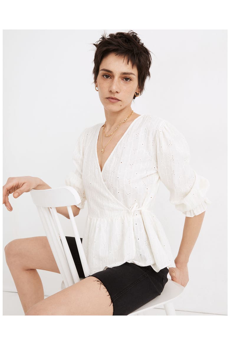 Embroidered Eyelet Puff Sleeve Peplum Wrap Top, Alternate, color, LIGHTHOUSE