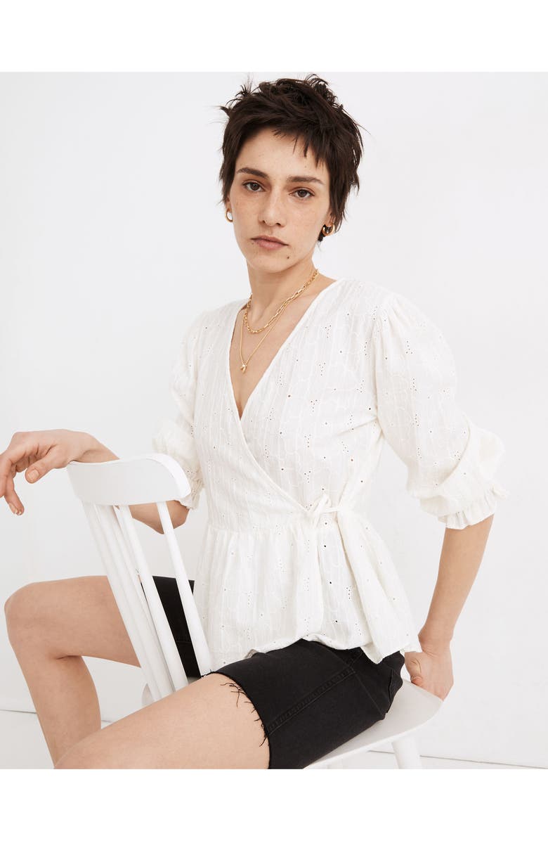 Madewell Embroidered Eyelet Puff Sleeve Peplum Wrap Top, Alternate, color, 