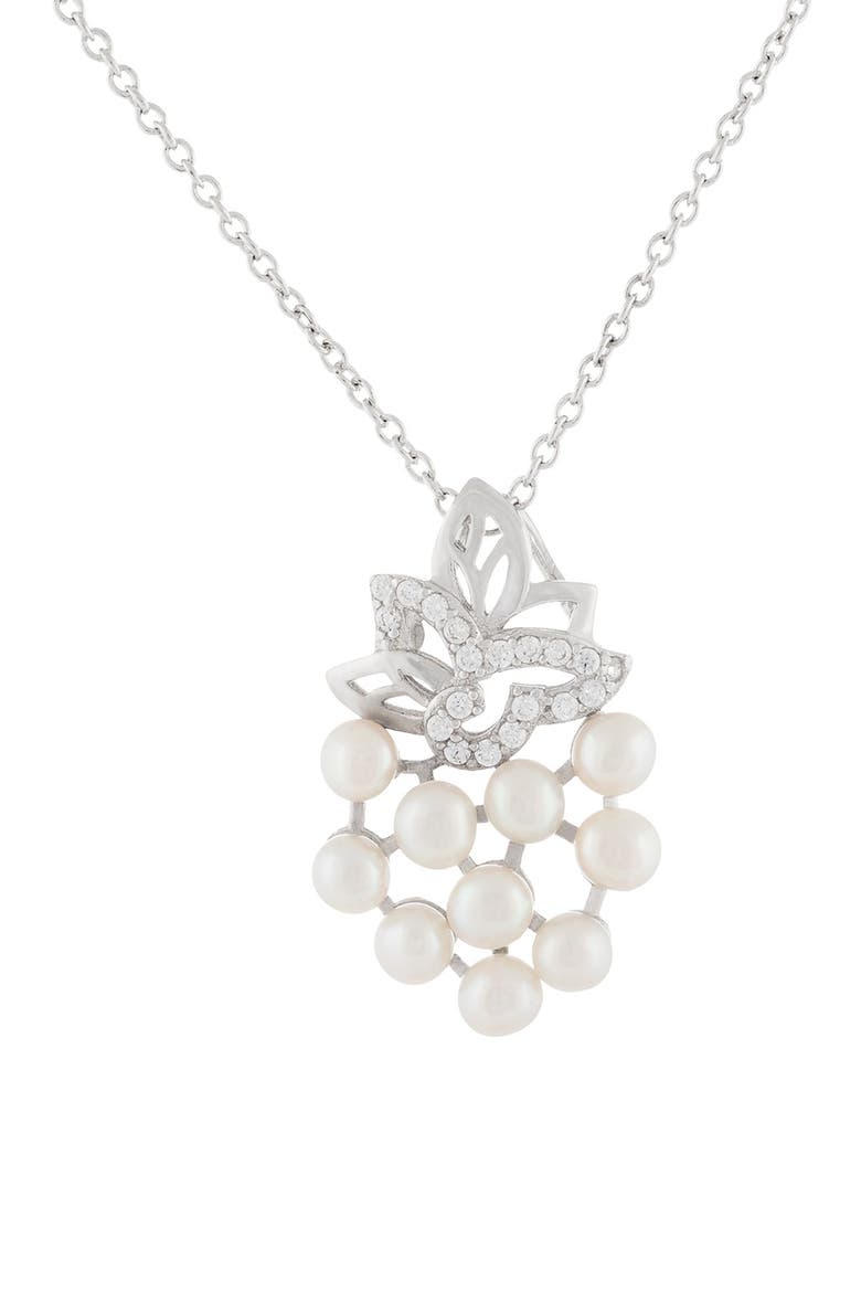 Sterling Silver 3-4mm Freshwater Micropearl & CZ Cluster Pendant Necklace, Main, color, NATURAL WHITE