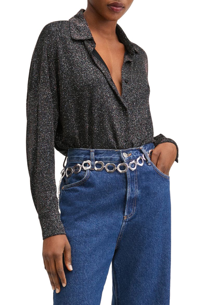 Metallic Long Sleeve Button-Up Blouse, Main, color, BLACK/COPPER