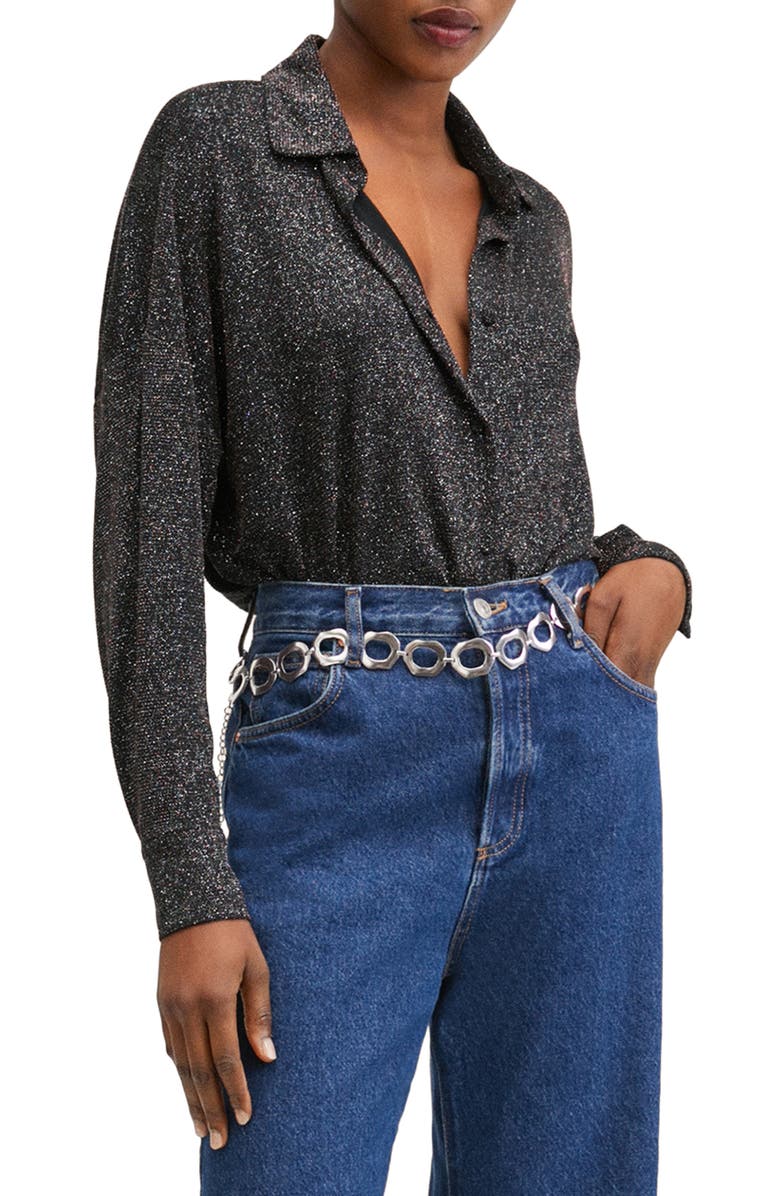 MANGO Metallic Long Sleeve Button-Up Blouse, Main, color,