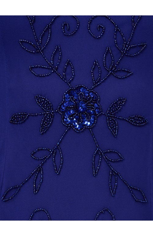 Adrianna Papell Placed Beaded Floral Mesh Mermaid Gown In Blue