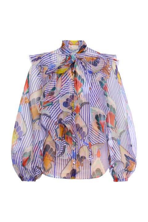 Printed Silk Organza Blouse With Flounces Stripes - print with geometric tulip design