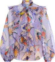 Maison Common Printed Silk Organza Blouse With Flounces Stripes - print with geometric tulip design