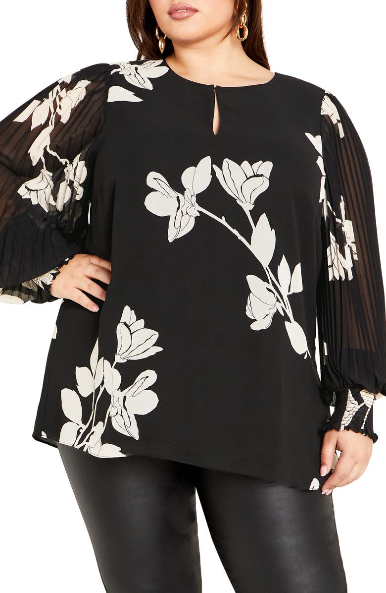 City Chic Katalina Floral Pleated Sleeve Top, Main, color, 