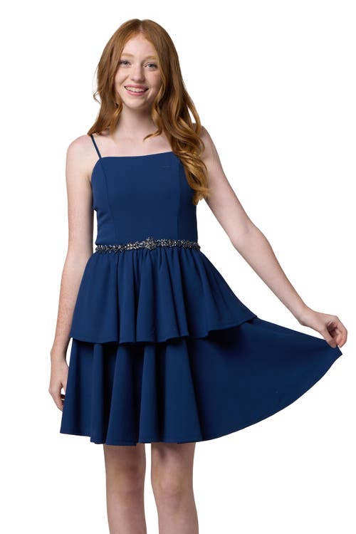 Un Deux Trois Girl's Tiered Dress W/ Embellished Belt In Navy