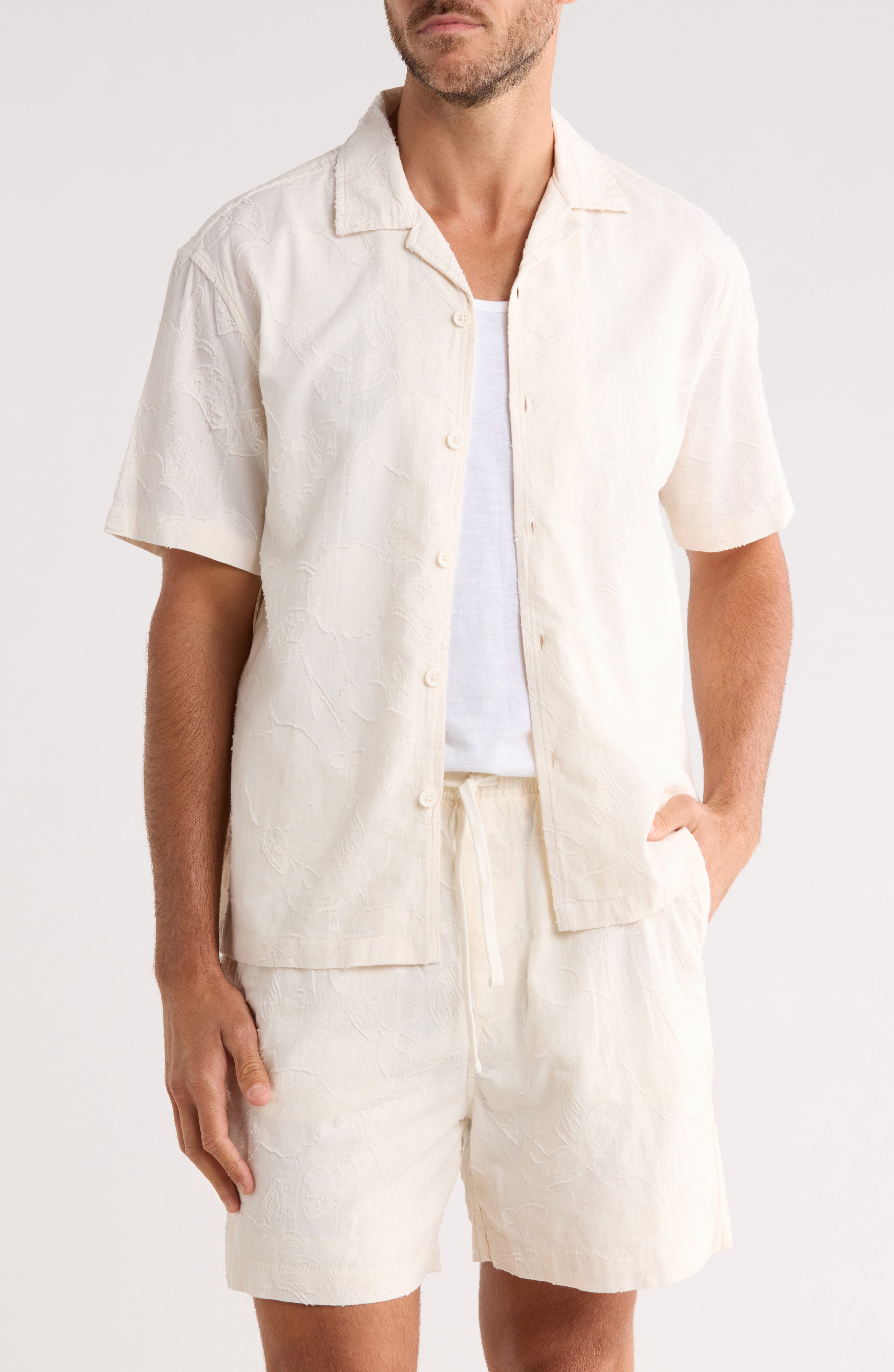 DENIM AND FLOWER Floral Embroidered Cotton Camp Shirt & Shorts Set