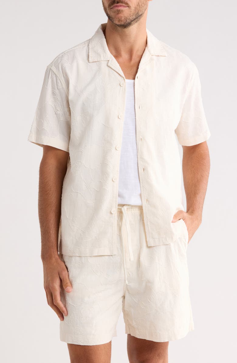DENIM AND FLOWER Floral Embroidered Cotton Camp Shirt & Shorts Set, Main, color, White